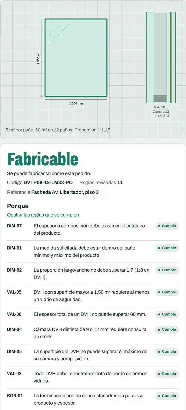 Pantalla real de GlassPilot: un DVH dibujado a escala y, al lado, el panel con el veredicto Fabricable y las once reglas revisadas, cada una con su fuente.
