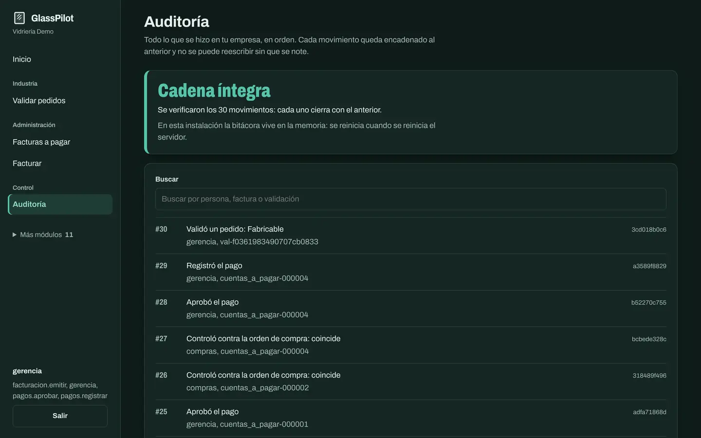 Pantalla Auditoría: la bitácora encadenada con cada acción, quién la hizo y el estado de la cadena.