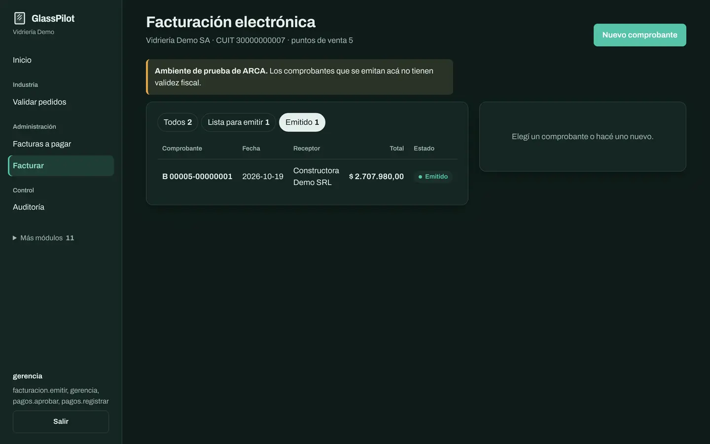Pantalla Facturación electrónica: comprobantes con su estado y uno emitido en el ambiente de prueba de ARCA.