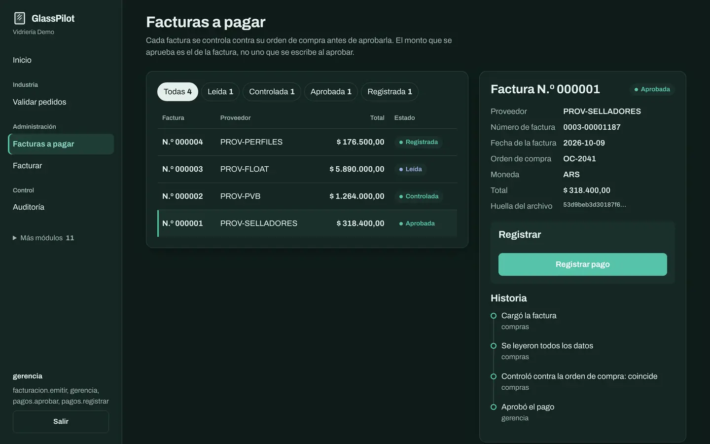 Pantalla Facturas a pagar: lista de facturas de proveedores con su estado (extraída, controlada, aprobada, registrada) y el detalle de una de ellas.